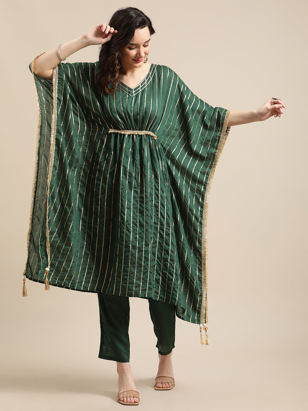 Green Gold Lurex Striped Kurta Kaftan With Straight Trouser.