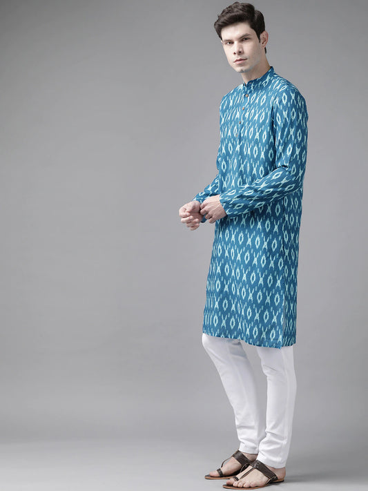 Men's Turquoise Cotton Blend Kurta