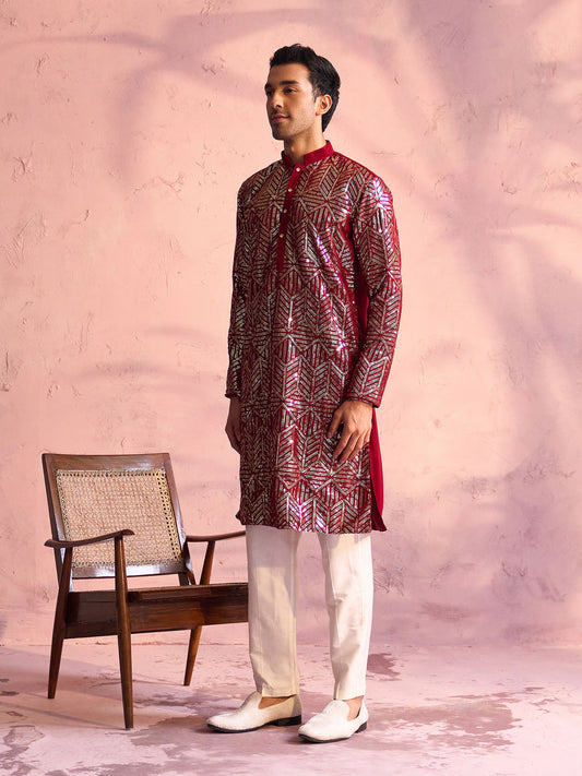 Men's Maroon And Cream Georgette Kurta Pyjama Set