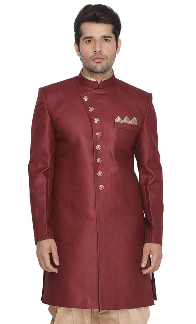 Men's Maroon Polyester Lurex Blend Sherwani Only Top