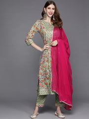 Women floral printed embroidered kurta with straight pant and chiffon dupatta