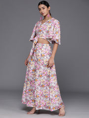 Women Grey Floral Printed Flared Sleeves, Front Open With Tie Up Details Crop Top Paired With Flared Bottom