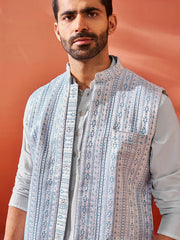 Men's Aqua Viscose Jacket,Kurta And Pyjama Set.