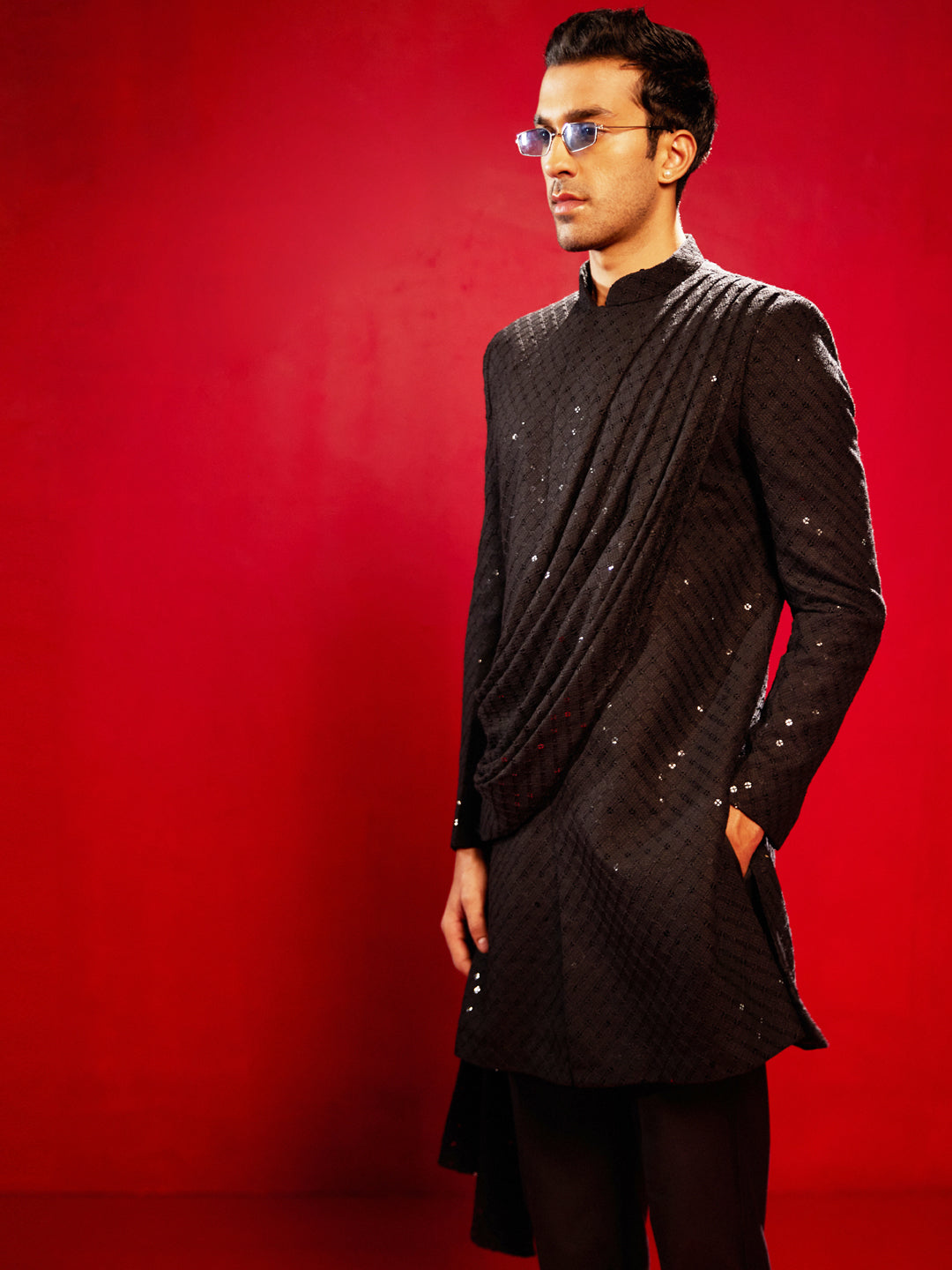 Men's Black Silk Blend Sherwani Only Top