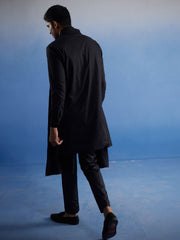 Men's Black Net Kurta, Pyjama & Dupatta Set