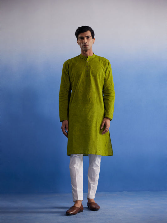 Men's Green And White Pure Cotton Kurta Pyjama Set