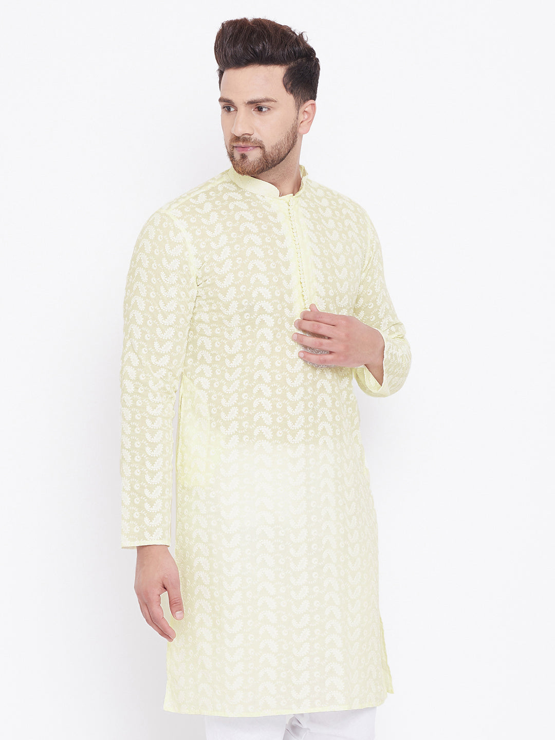 Men's Yellow and White Cotton Kurta