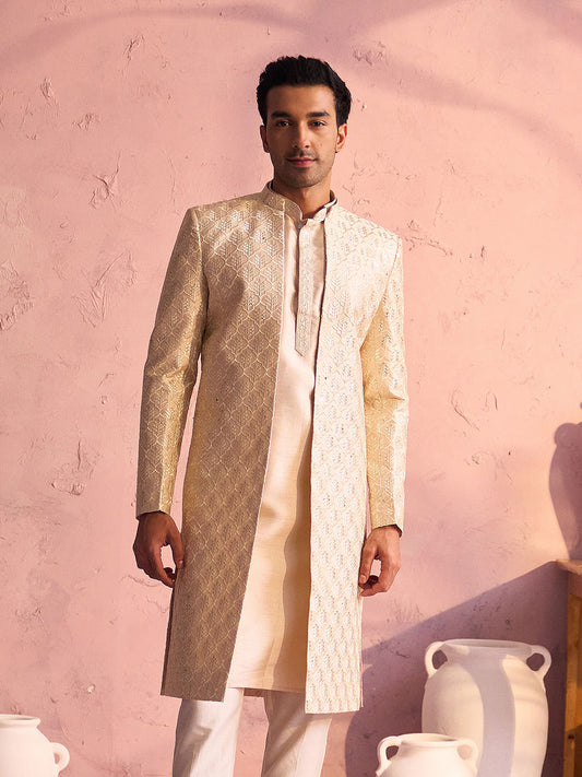 Men's Beige Silk Blend Sherwani Only Top