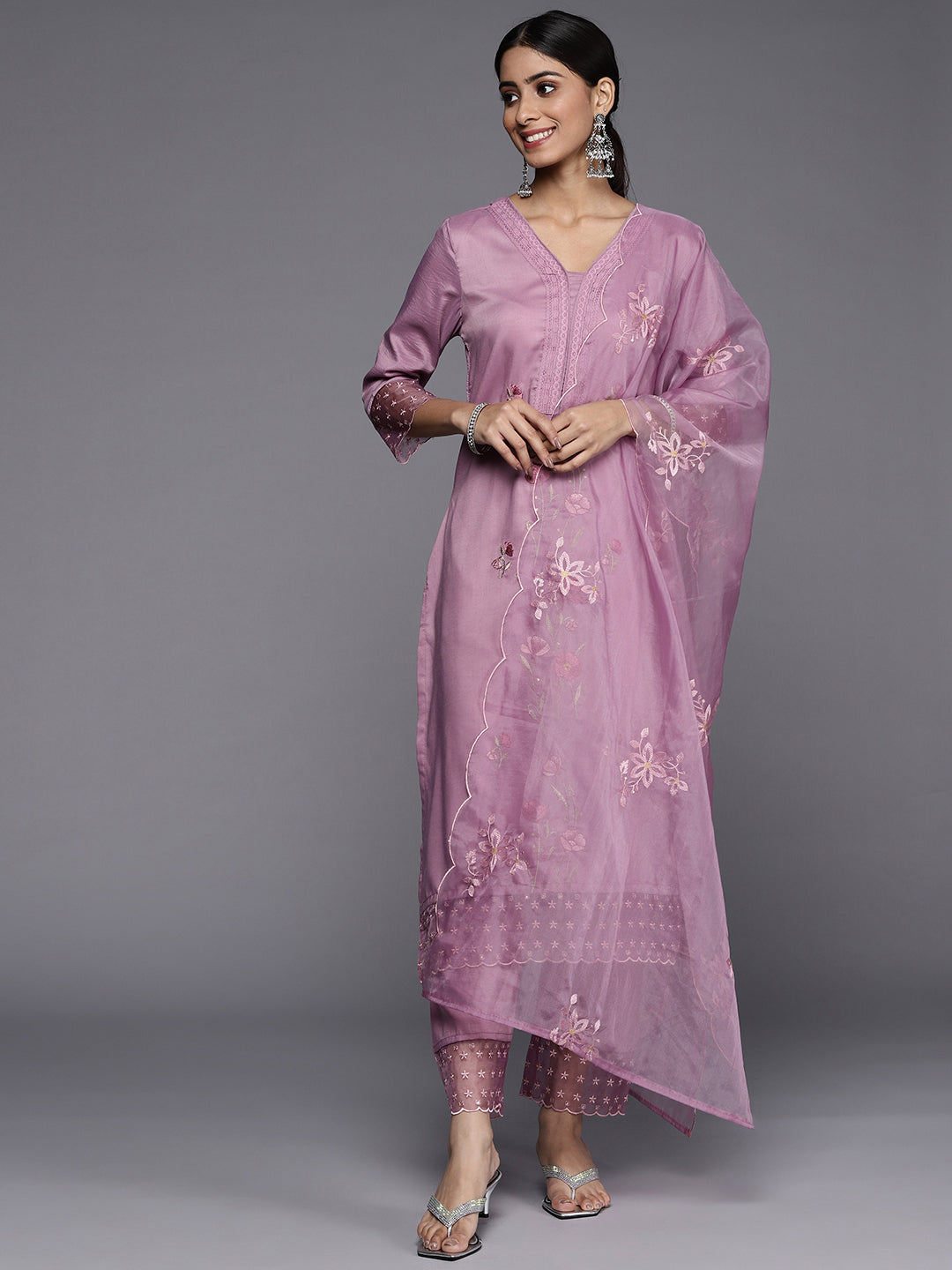 mauve embroidered kurta paired with straight bottom and embroidered dupatta