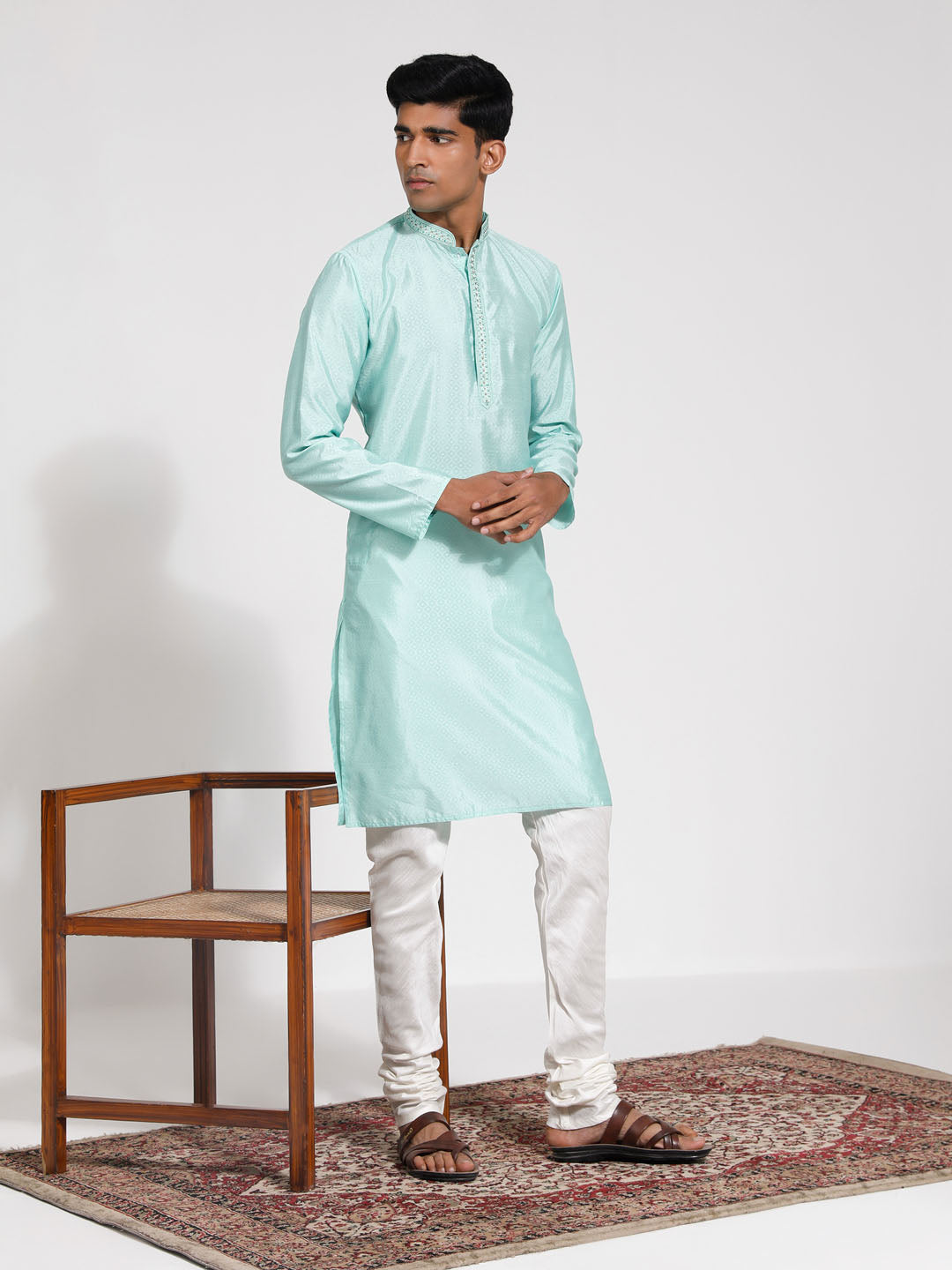 Men's Mint Green And Cream Silk Blend Kurta Pyjama Set