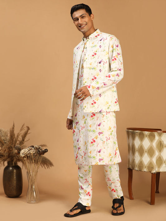 Men's Cream Cotton Blend Jacket, Kurta and Pyjama Set