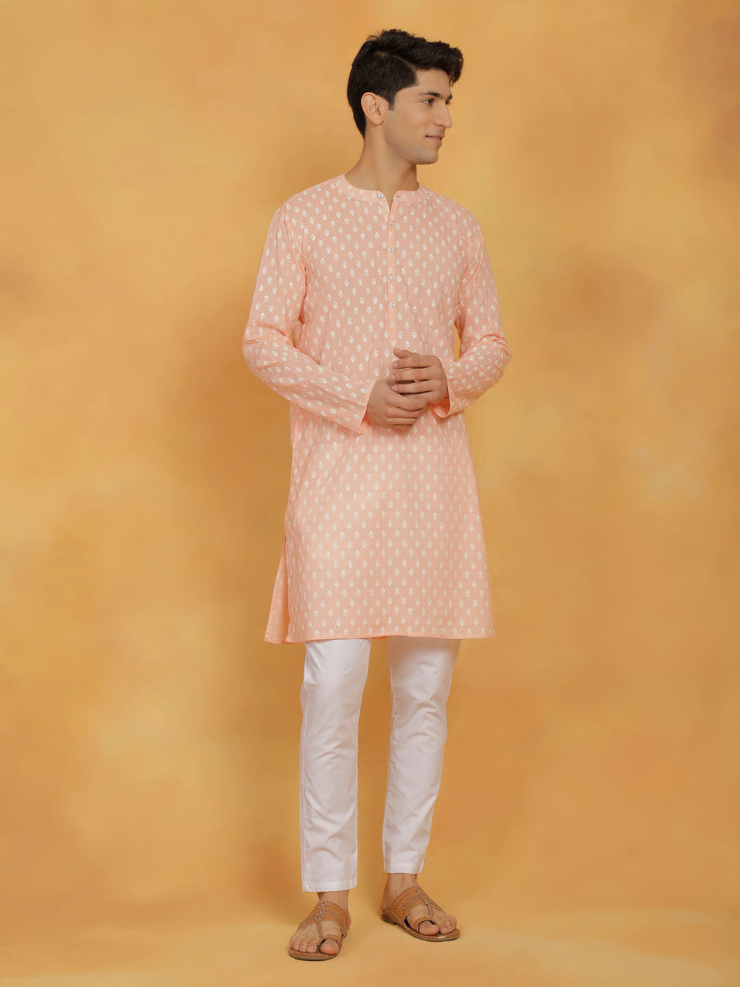 Men's Peach And White Cotton Kurta and Pyjama Set