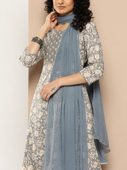 Women Grey Floral Printed Anarkali Kurta Paired With Printed  Bottom And Solid Chiffon Dupatta