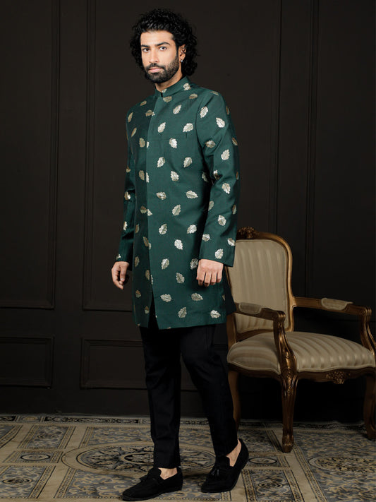 Men's Green And Black Viscose Sherwani Set