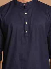 Men's Navy Blue Cotton Blend Short Kurta