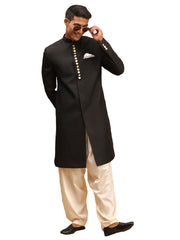 Men's Black And Cream Viscose Sherwani Set