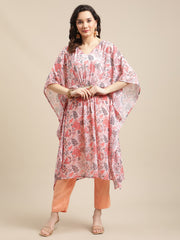 Peach Floral Printed Kaftan Trouser Set.