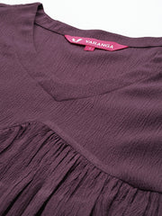 Varanga Women Mauve V-Neck, Bishop Sleeves, Gathered Details  Calf Length A-Line Dress, Flared Hem