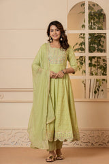 Women Lime Green Mirror And Thread Embroidered,Gotta Embellished Scalloped Schiffli Anarkali Kurta Paired Wirh Printed Bottom And Embroidered Dupatta