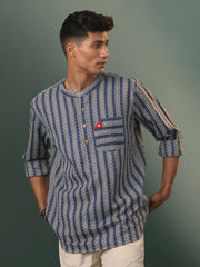 Men's Blue Cotton Short Kurta