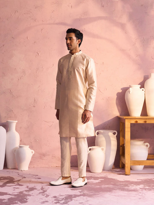 Men's Beige Silk Blend Kurta Pyjama Set