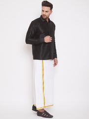 Men's Black and White Silk Blend Shirt And Mundu