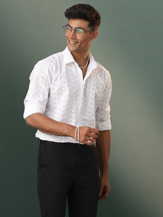 Men's White Cotton Ethnic Shirt