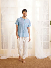 Men's Aqua And White Cotton Kurta Pyjama Set