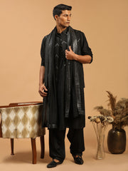 Men's Black Viscose Jacket, Kurta and Pyjama Set