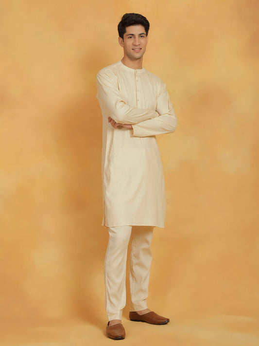 Men's Cream Linen Cotton Kurta And Pyjama Set