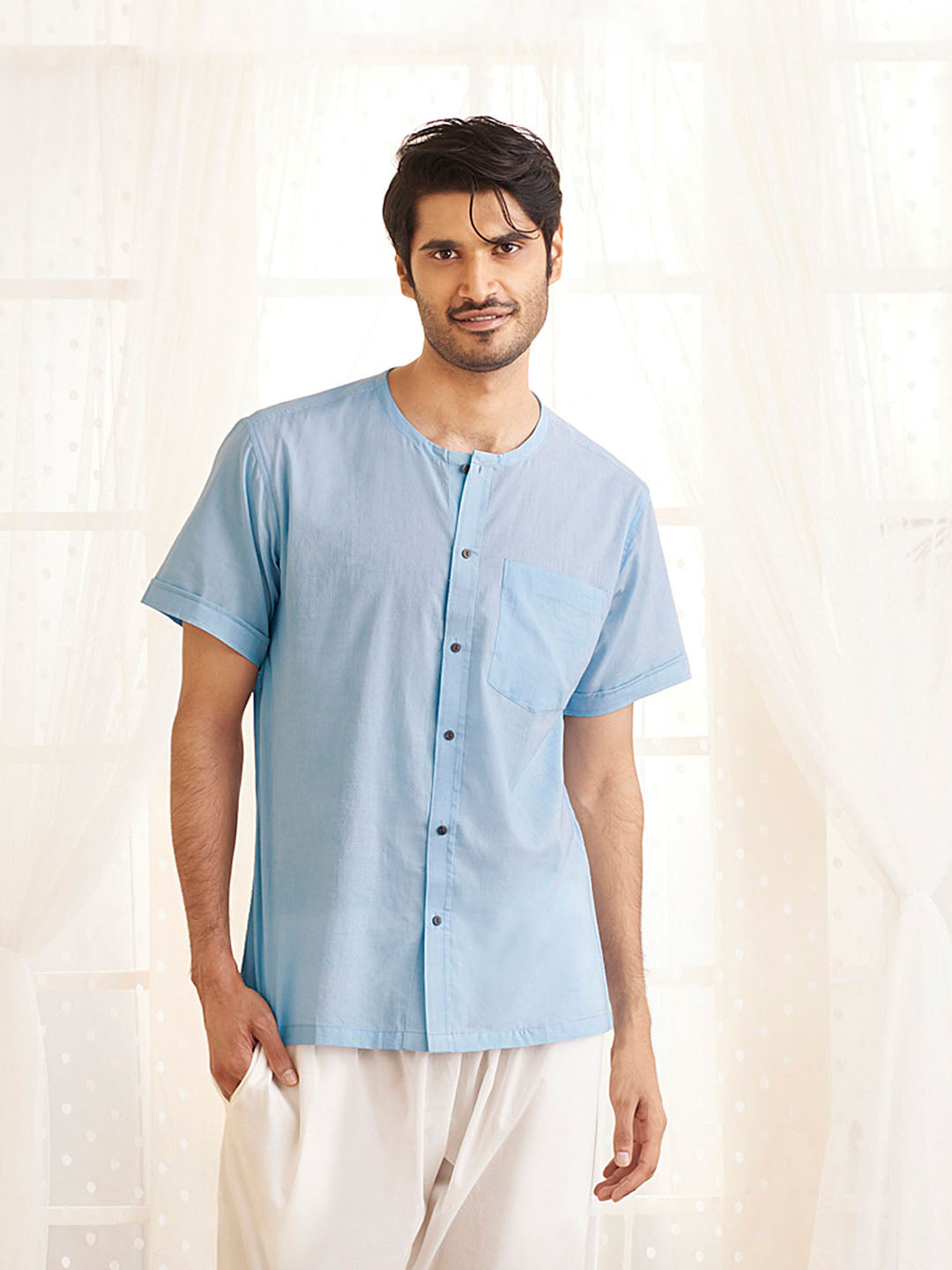 Men's Aqua Cotton Short Kurta