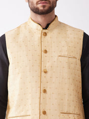 Men's Black And Gold Silk Blend Jacket, Kurta and Dhoti Set