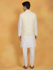 Men's White And Yellow Cotton Silk Jacket, Kurta and Pyjama Set