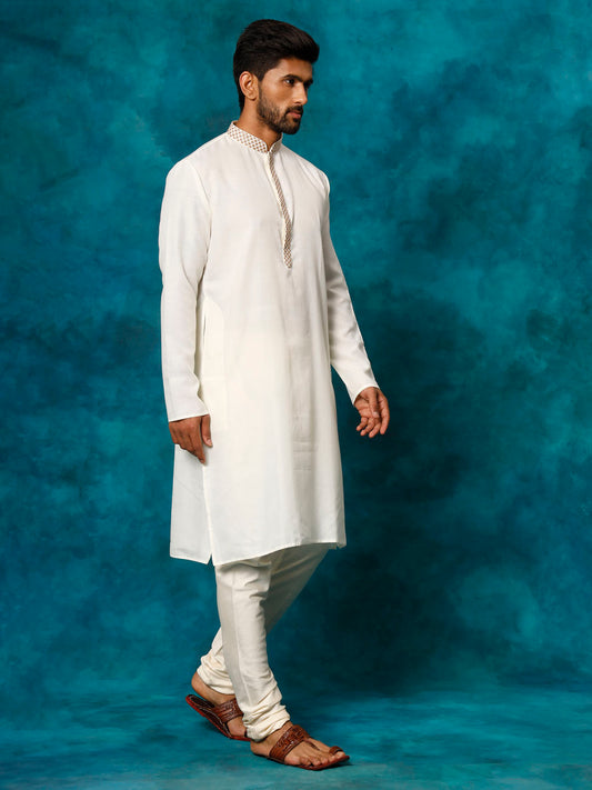 Men's Cream And Cream Cotton Blend Kurta Pyjama Set