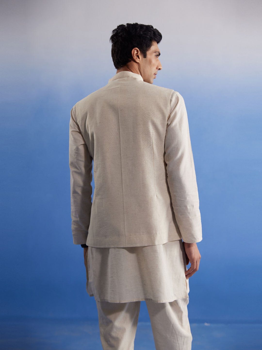 Men's Cream Cotton Jacket, Kurta and Pyjama Set