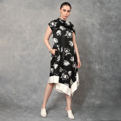 Asymmetrical Cowl Neck Dress Floral Print