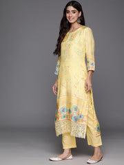 Women Yellow Abstract Printed Round Neck Straight Kurta Paired With Tonal Bottom And   Organza Embroiderd Dupatta