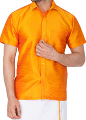 Men's Orange Silk Blend Ethnic Shirt