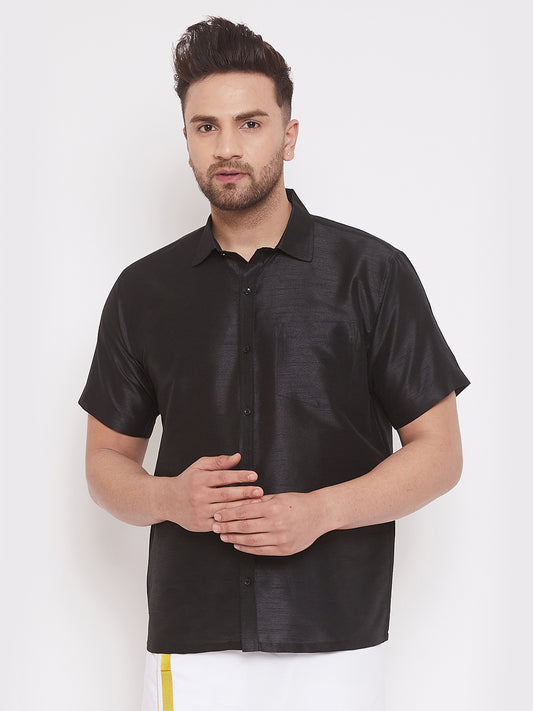 Men's Black Silk Blend Ethnic Shirt