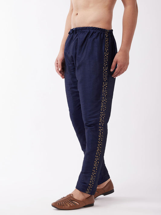 Men's Navy Blue Silk Blend Embroidered Pyjama