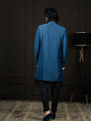 Men's Turquoise And Black Viscose Sherwani Set