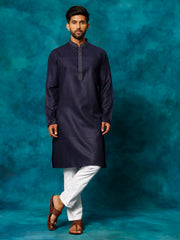 Men's Navy And White Cotton Blend Kurta Pyjama Set