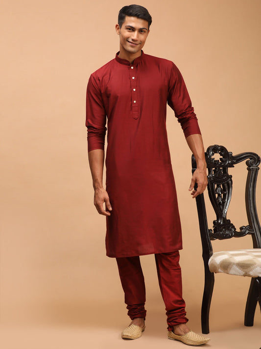 Men's Maroon Viscose Kurta Pyjama Set