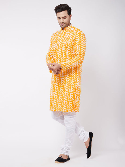 Men's Orange And White Pure Cotton Kurta Pyjama Set