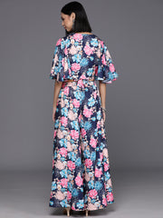 Women Blue Floral  Printed, Flared Sleeves, Front Open With Tie Up Details Crop Top Paired With Flared Bottom