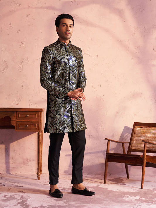 Men's Black Georgette Sherwani Set