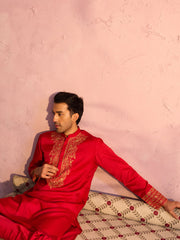 Men's Red And Rose Gold Moonga Silk Kurta Pyjama Set