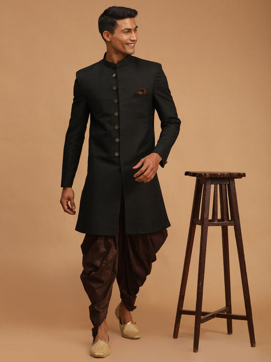 Men's Black And Brown Silk Blend Sherwani Set