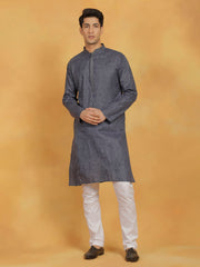 Men's Navy Blue And White Cotton Kurta Pyjama Set