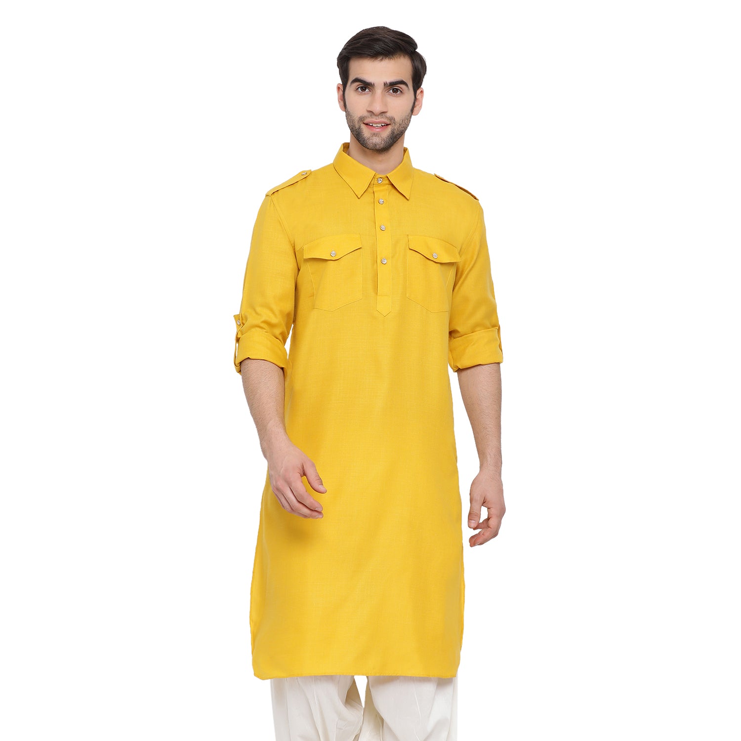 Men's Mustard Cotton Blend Pathani Kurta